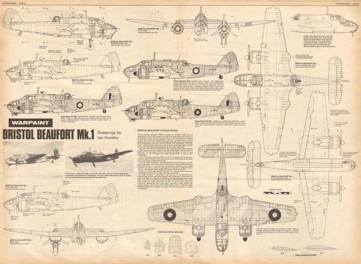 Bristol Beaufort Mk.I - 1/72 Warpaint drawing by Jan Huntley, Эвиэйшэн Ньюс том 7 №13, 24 ноя - 07 дек, 1978